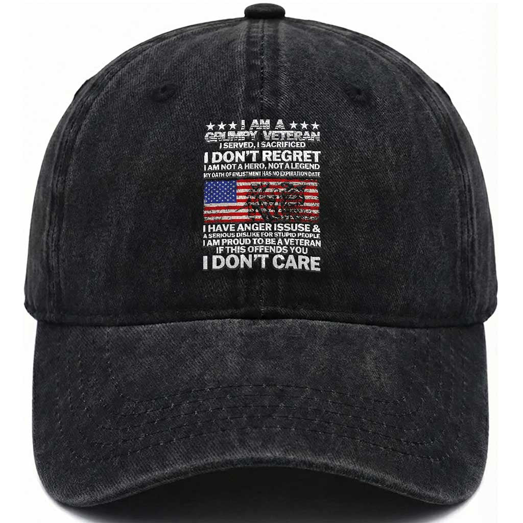 I Am a Grumpy Veteran Washed Cotton Baseball Cap Proud Military Veteran - Don't Care Patriotic TS01 Washed Cap Universal Fit Black Print Your Wear