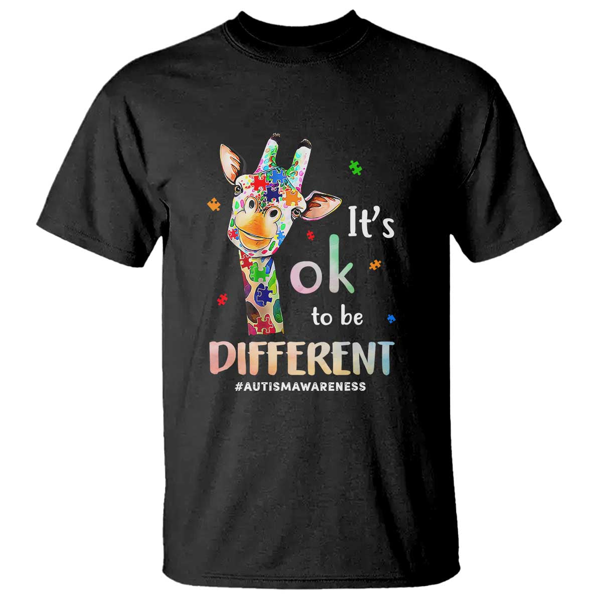 Giraffe Autism T Shirt It's Ok To Be Different Jigsaw Puzzle TS01 Black Printyourwear