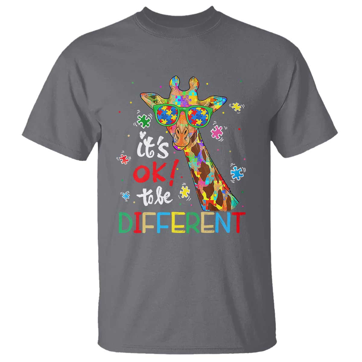 Giraffe Autism T Shirt It's Ok To Be Different TS01 Charcoal Printyourwear