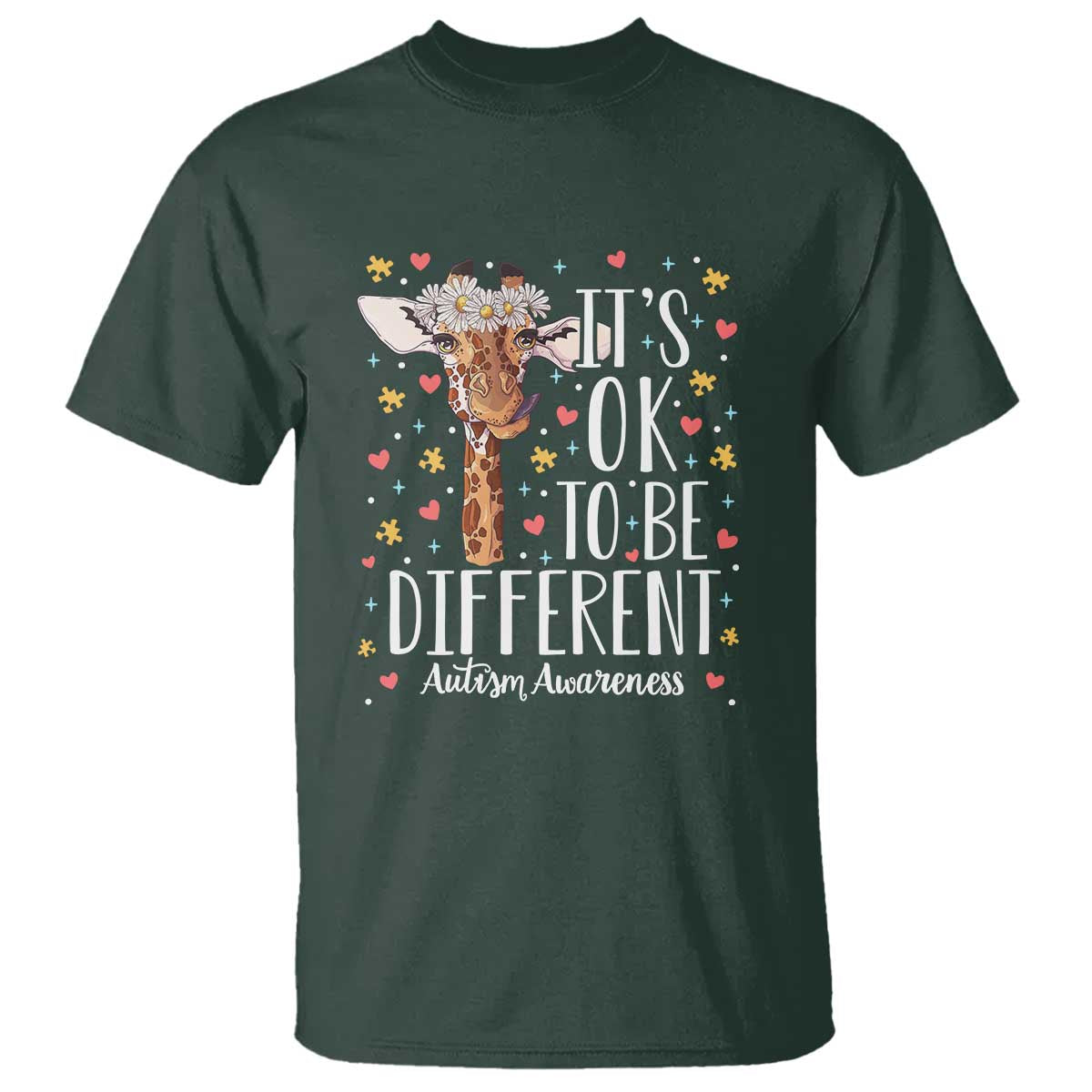 Giraffe Autism T Shirt Its Ok To Be Different Cute Floral TS01 Dark Forest Green Printyourwear