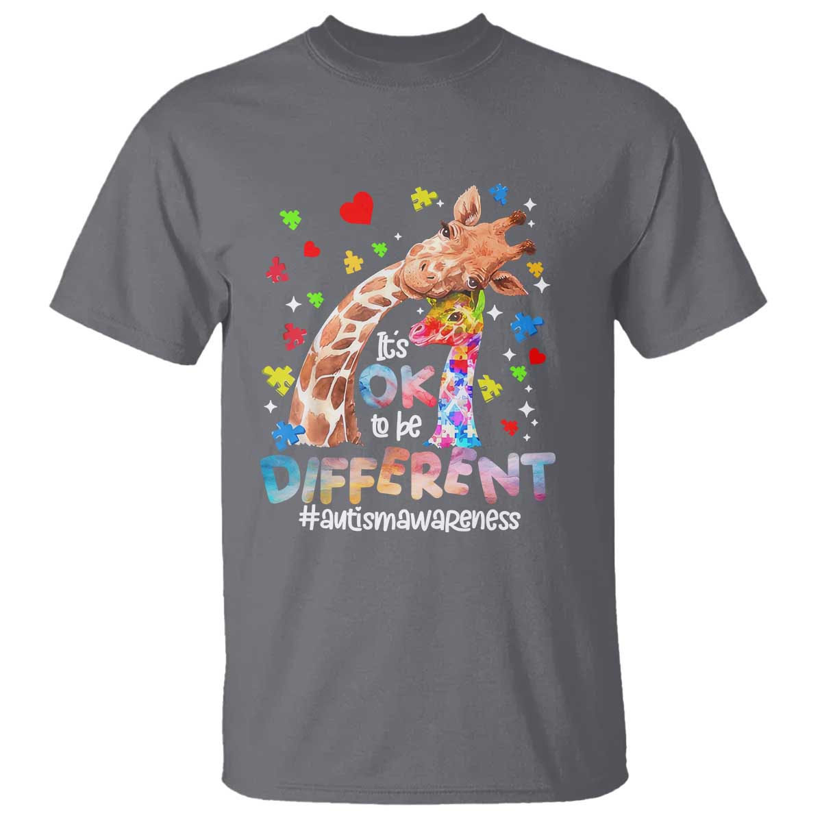 Giraffe Autism T Shirt It's Ok To Be Different Cute Mom And Baby TS01 Charcoal Printyourwear