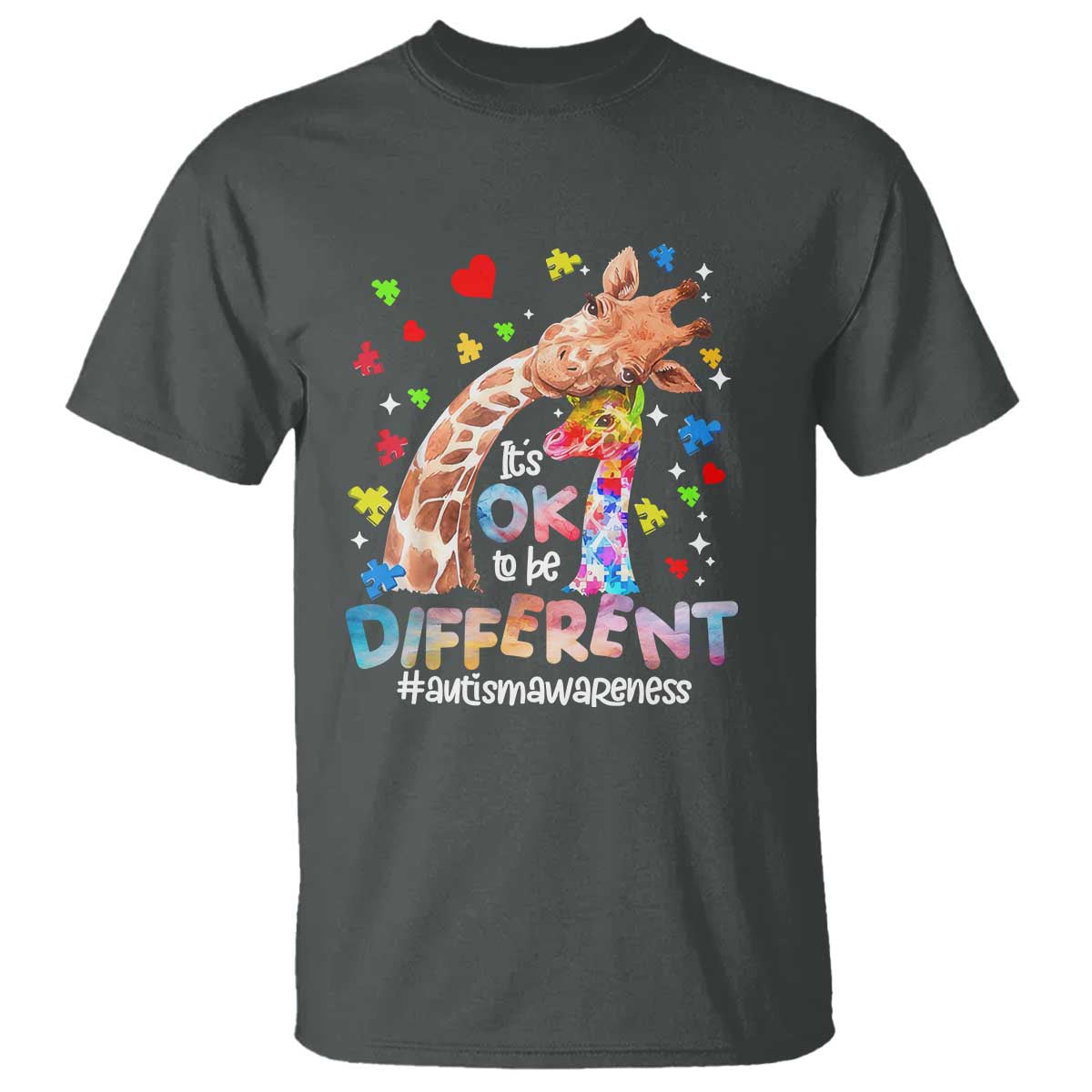 Giraffe Autism T Shirt It's Ok To Be Different Cute Mom And Baby TS01 Dark Heather Printyourwear