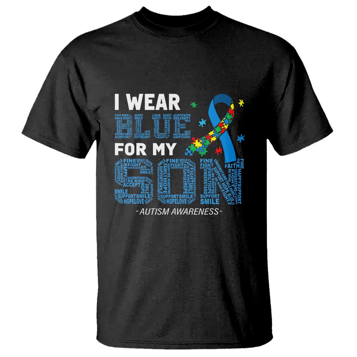 Autism Parents T Shirt I Wear Blue For My Son Family Support Puzzle Blue Ribbon TS01 Black Printyourwear