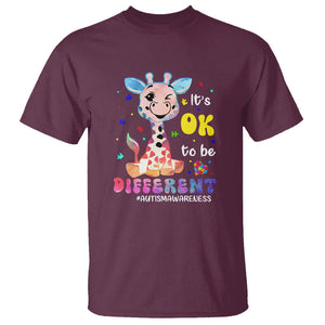 Cute Giraffe Autism T Shirt It's Ok To Be Different TS01 Maroon Printyourwear