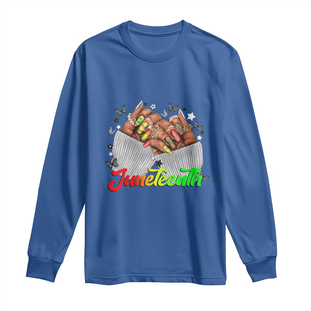 Juneteenth Celebration Long Sleeve Shirt Since 1865 Women Nails Butterflies TS01 Royal Blue Print Your Wear
