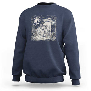 Funny Surprised Cat with UFOs Peace Sign Alien UFO Invasion Sweatshirt TS01 Navy Print Your Wear