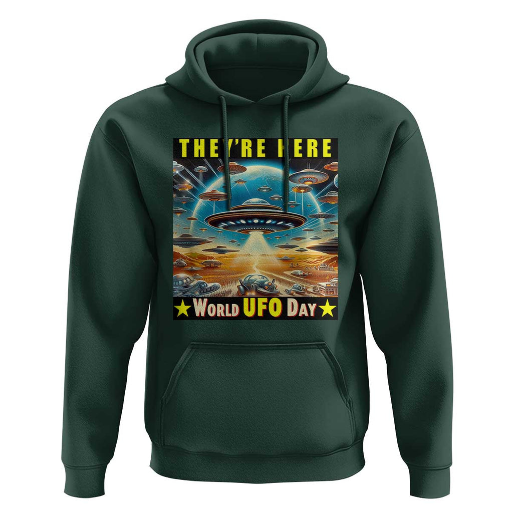 They're Here World UFO Day July 2nd Hoodie TS01 Dark Forest Green Print Your Wear