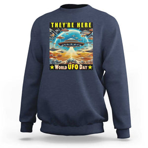 They're Here World UFO Day July 2nd Sweatshirt TS01 Navy Print Your Wear