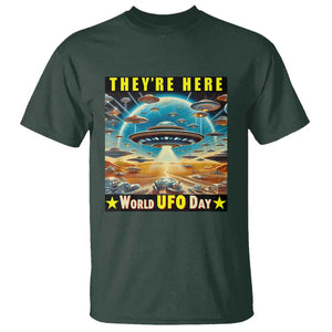 They're Here World UFO Day July 2nd T Shirt TS01 Dark Forest Green Print Your Wear