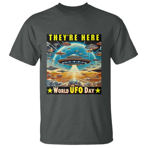 They're Here World UFO Day July 2nd T Shirt TS01 Dark Heather Print Your Wear