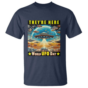 They're Here World UFO Day July 2nd T Shirt TS01 Navy Print Your Wear