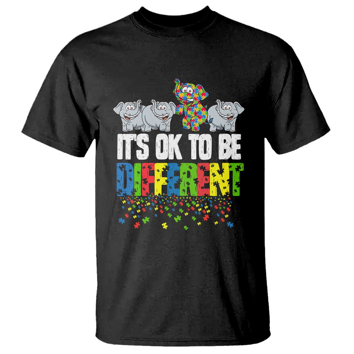 Autism Awareness T Shirt It's Ok To Be Different Funny Jigsaw Puzzle Elephant TS01 Black Printyourwear