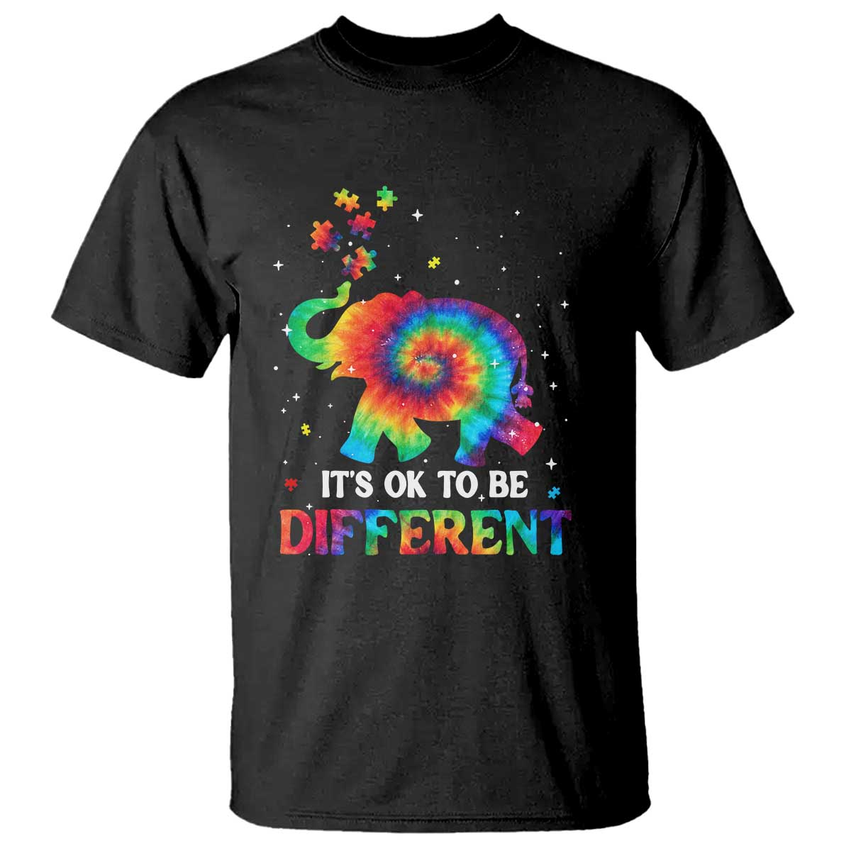 Tie Dye Elephant Autism T Shirt Its Ok To Be Different TS01 Black Printyourwear