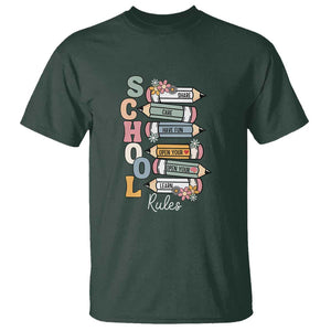 Back to School Teacher T Shirt Classroom Rules, Share, Care, Learn TS01 Dark Forest Green Print Your Wear