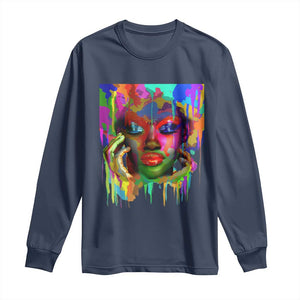 Afro Woman Graphic Long Sleeve Shirt African Pride Color Painted TS01 Navy Print Your Wear