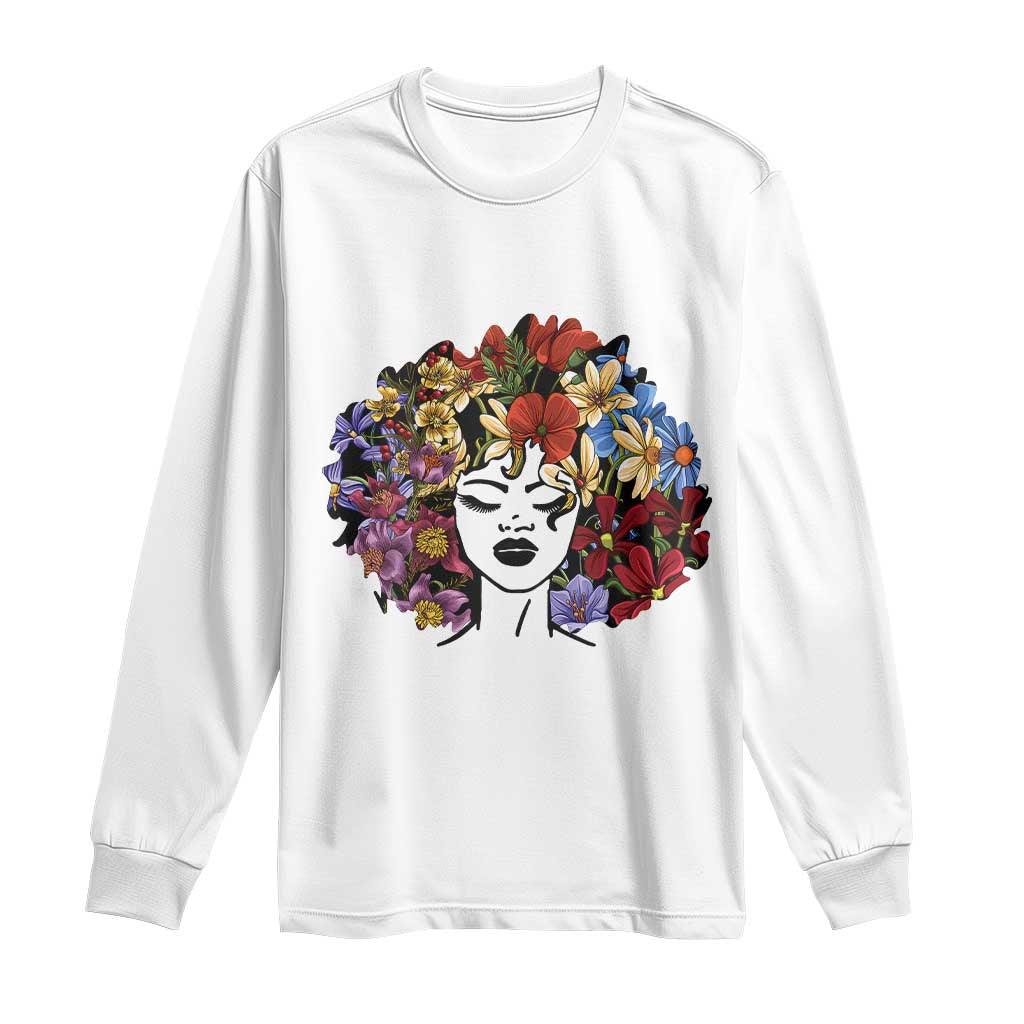 Black History Long Sleeve Shirt For Women Afro Flower Hair Juneteenth TS01 White Print Your Wear