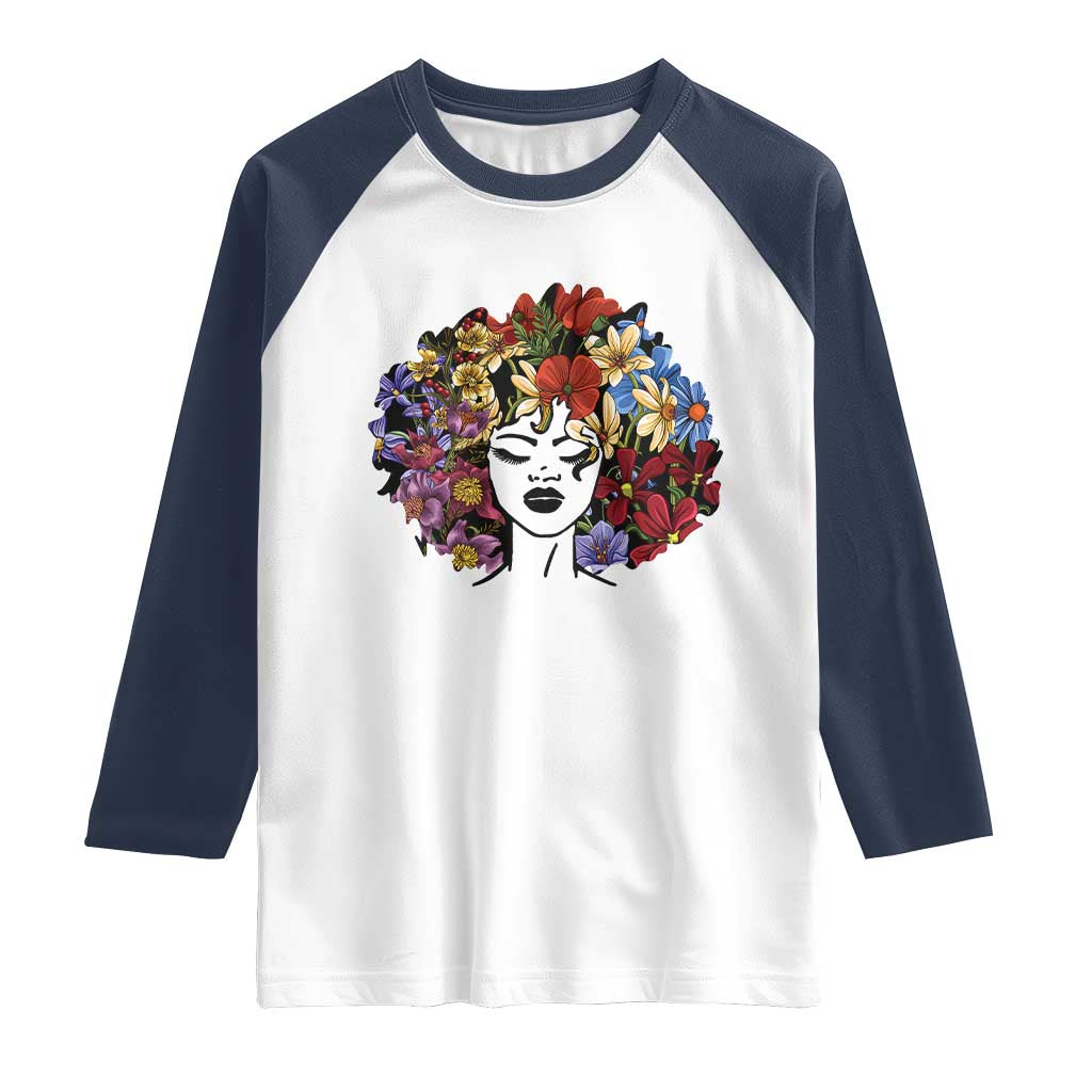 Black History Raglan Shirt For Women Afro Flower Hair Juneteenth TS01 White Navy Print Your Wear