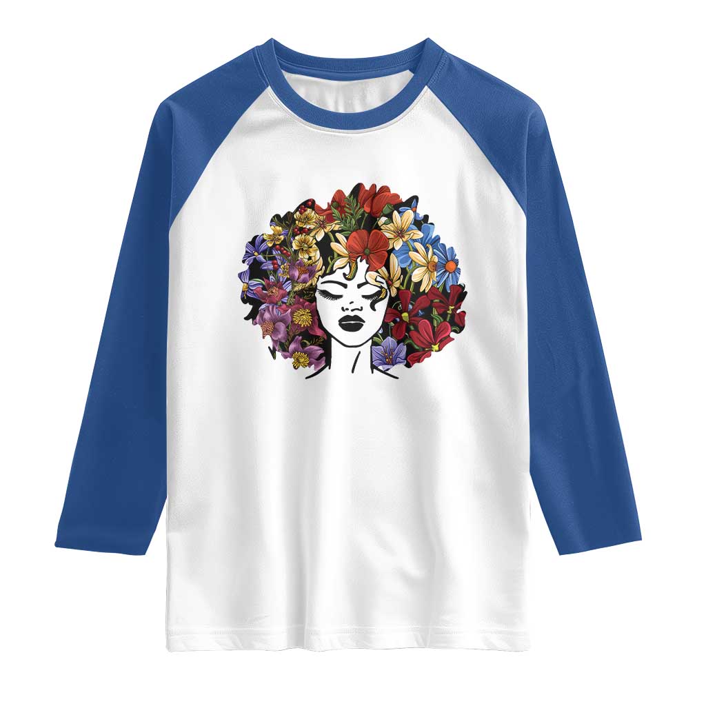 Black History Raglan Shirt For Women Afro Flower Hair Juneteenth TS01 White Royal Print Your Wear