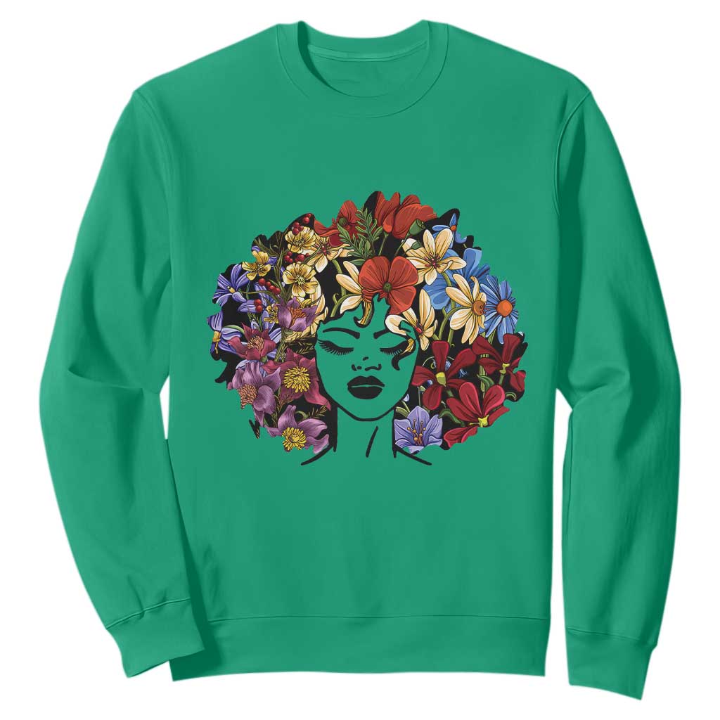 Black History Themed Sweatshirt For Women Afro Flower Hair Juneteenth TS01 Irish Green Printyourwear