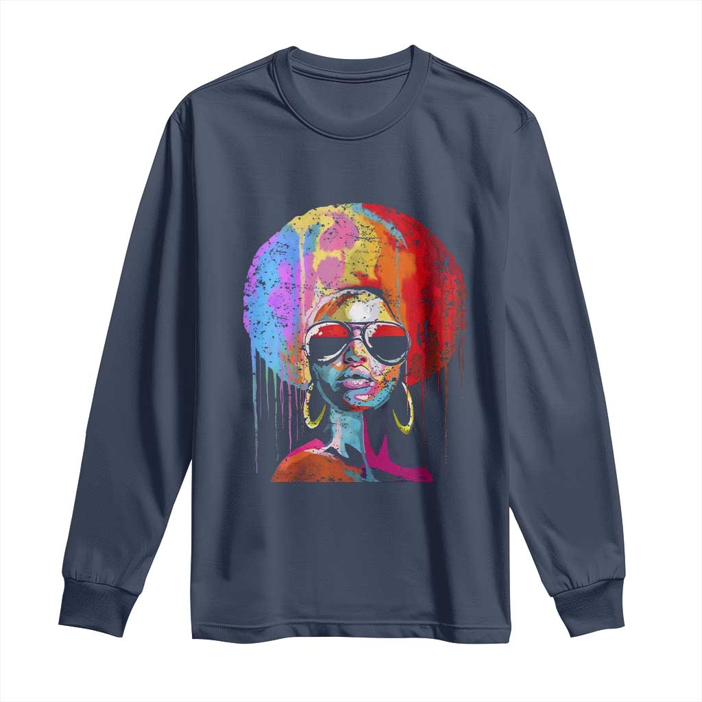 Afro Woman Long Sleeve Shirt Black Queen Melanin Dripping Juneteenth TS01 Navy Print Your Wear
