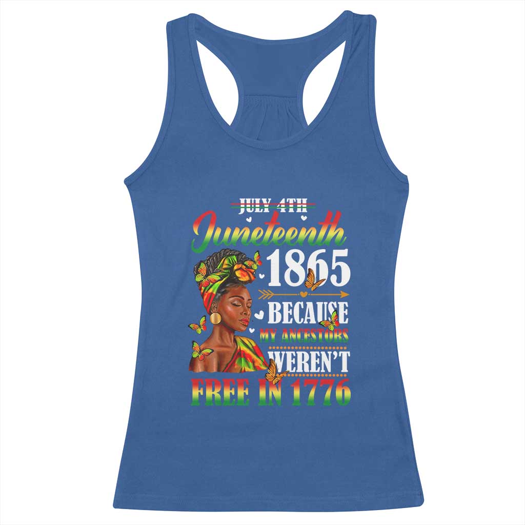 Juneteenth Black Women Racerback Tank Top Because My Ancestor Weren't Free in 1776 TS01 Royal Blue Print Your Wear