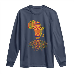 My Roots Black History Long Sleeve Shirt With Traditional Kente and Africa Map TS01 Navy Print Your Wear