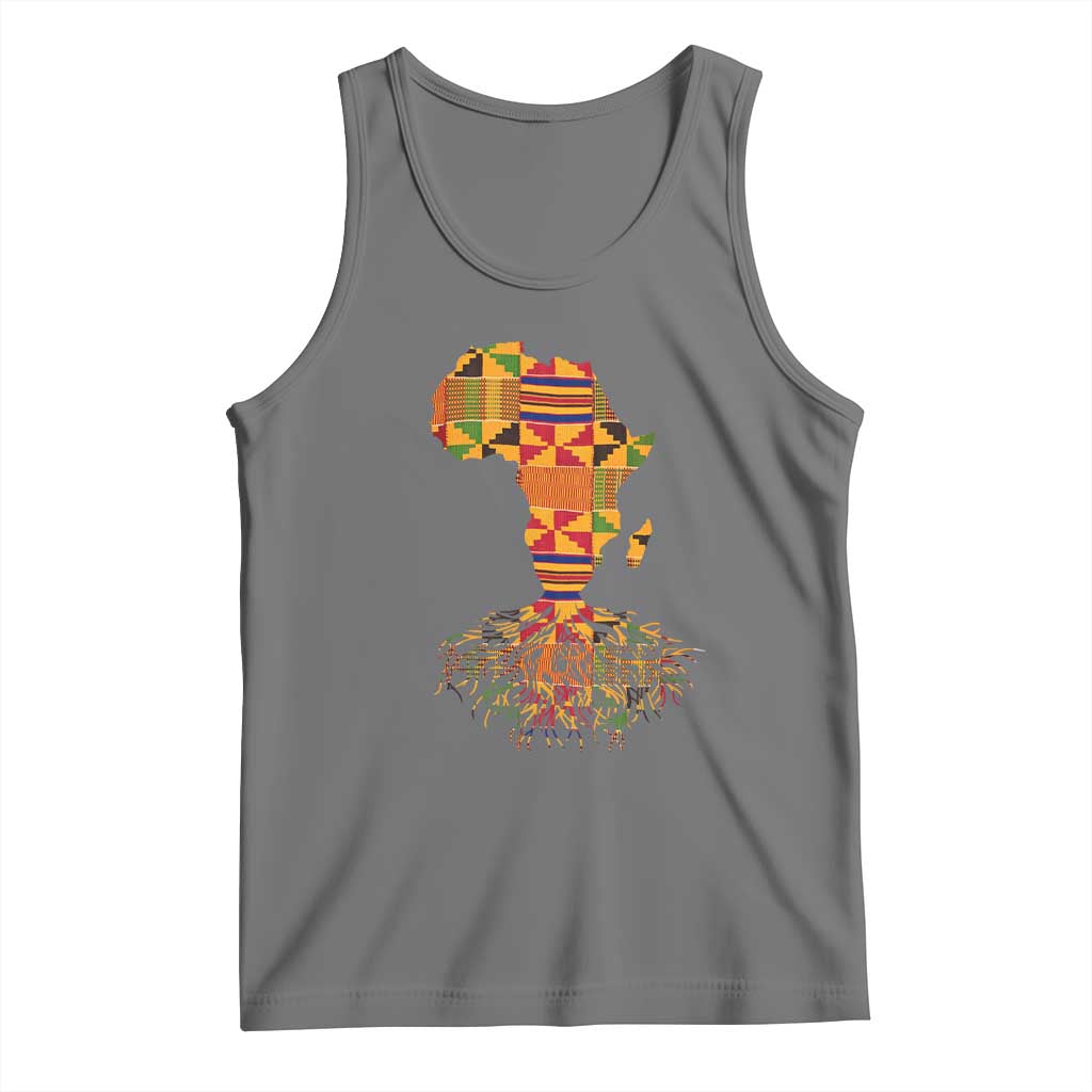 My Roots Black History Tank Top With Traditional Kente and Africa Map TS01 Black Heather Print Your Wear