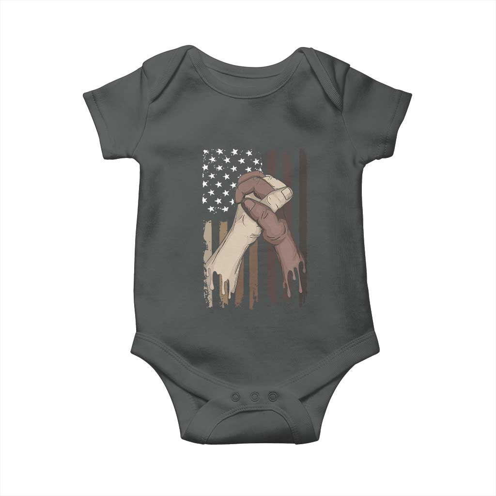 Black American Baby Onesie US Flag Holding Hands TS01 Dark Heather Print Your Wear