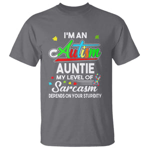 Autism Aunt T Shirt I'm An Autism Auntie My Level Of Sarcams Depends On Your Stupidity Spectrum Ribbon TS01 Charcoal Printyourwear