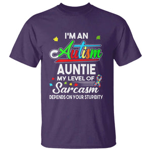 Autism Aunt T Shirt I'm An Autism Auntie My Level Of Sarcams Depends On Your Stupidity Spectrum Ribbon TS01 Purple Printyourwear