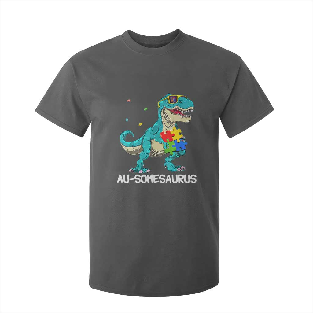 Dinosaur Autism T Shirt For Kid Au-somesaurus Word Pun Puzzle Piece TS01 Dark Heather Printyourwear