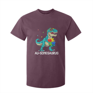 Dinosaur Autism T Shirt For Kid Au-somesaurus Word Pun Puzzle Piece TS01 Maroon Printyourwear