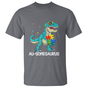 Dinosaur Autism T Shirt Au-somesaurus Word Pun Puzzle Piece TS01 Charcoal Printyourwear