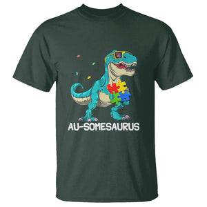 Dinosaur Autism T Shirt Au-somesaurus Word Pun Puzzle Piece TS01 Dark Forest Green Printyourwear