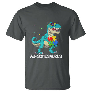 Dinosaur Autism T Shirt Au-somesaurus Word Pun Puzzle Piece TS01 Dark Heather Printyourwear