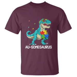 Dinosaur Autism T Shirt Au-somesaurus Word Pun Puzzle Piece TS01 Maroon Printyourwear