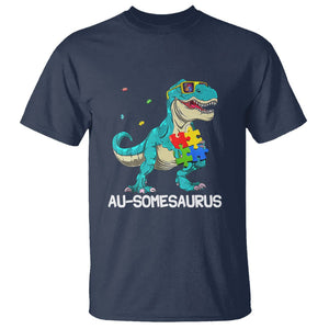 Dinosaur Autism T Shirt Au-somesaurus Word Pun Puzzle Piece TS01 Navy Printyourwear