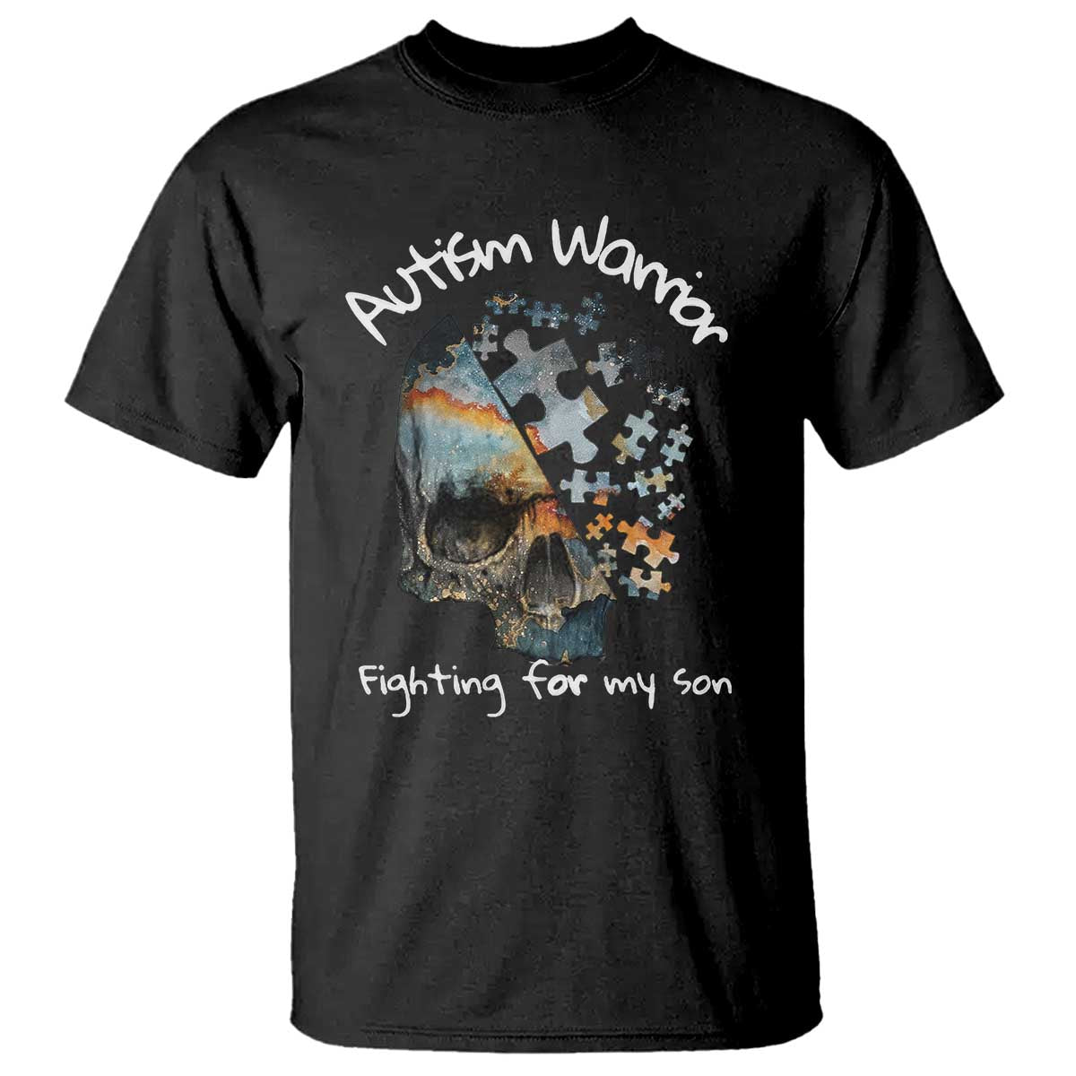 Skull Autism Warrior T Shirt Fighting For My Son Love Support TS01 Black Printyourwear