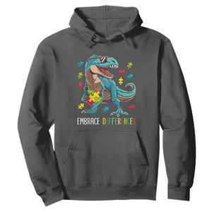 Dinosaur Autism Hoodie Embrace Differences Proud Autistic Puzzle Heart TS01 Dark Heather Printyourwear
