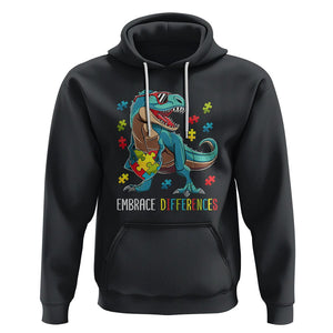 Dinosaur Autism Hoodie Embrace Differences Proud Autistic Puzzle Heart TS01 Black Printyourwear