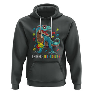 Dinosaur Autism Hoodie Embrace Differences Proud Autistic Puzzle Heart TS01 Dark Heather Printyourwear