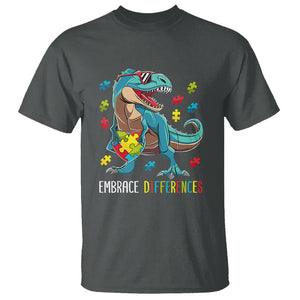 Dinosaur Autism T Shirt Embrace Differences Proud Autistic Puzzle Heart TS01 Dark Heather Printyourwear