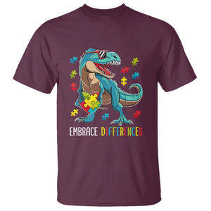 Dinosaur Autism T Shirt Embrace Differences Proud Autistic Puzzle Heart TS01 Maroon Printyourwear