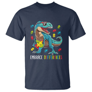 Dinosaur Autism T Shirt Embrace Differences Proud Autistic Puzzle Heart TS01 Navy Printyourwear