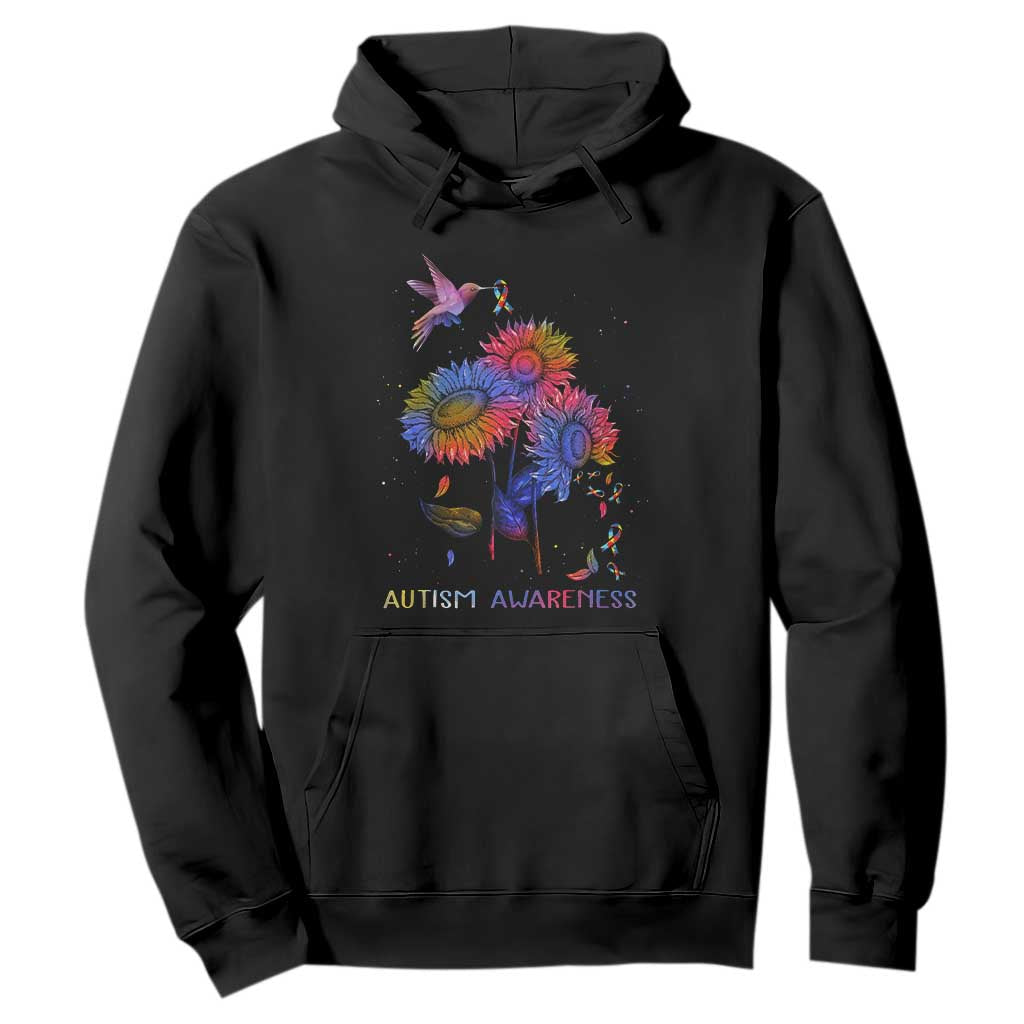 Autism Awareness Hoodie Colorful Sunflower With Bird Spectrum Ribbon TS01 Black Printyourwear