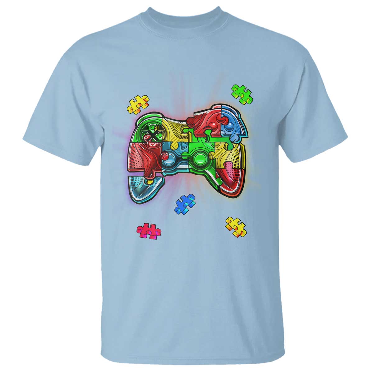 Autism Awareness Gamer T Shirt Video Game Control Puzzle Piece TS01 Light Blue Printyourwear