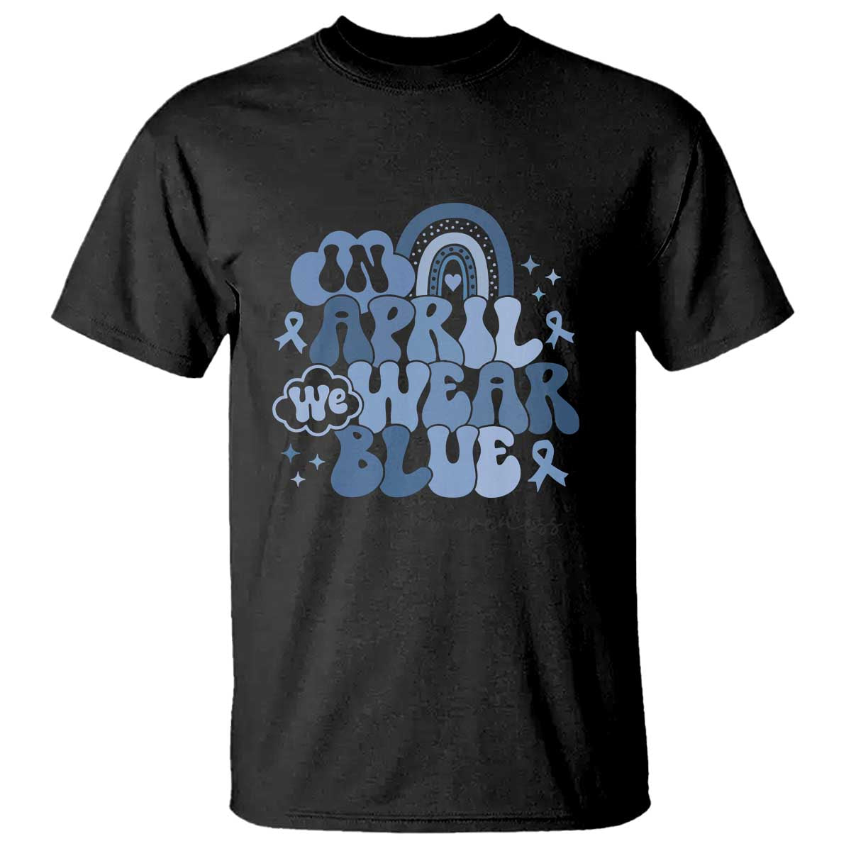 Autism Awareness T Shirt In April We Wear Blue Rainbow Retro Groovy TS01 Black Printyourwear