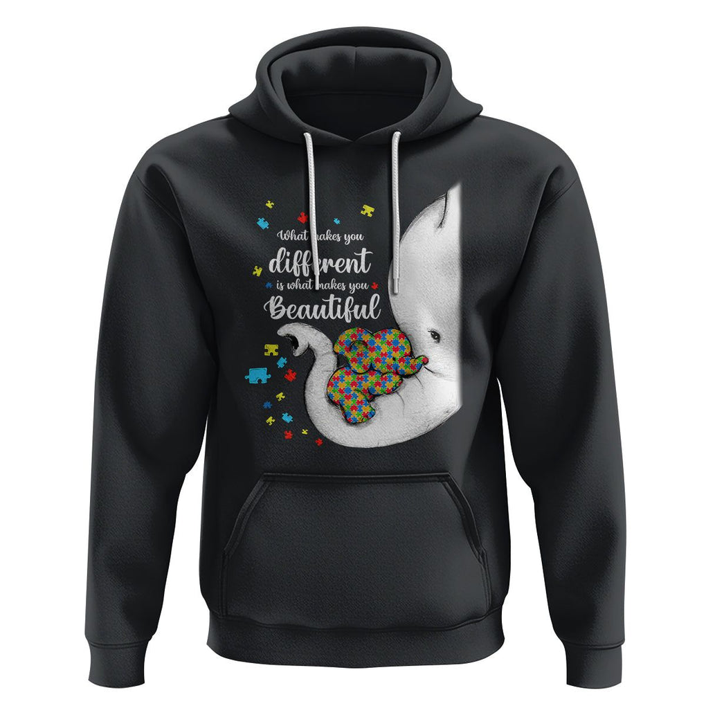 Elephant Autism Hoodie What Makes You Different Is What Makes You Beautiful Puzzle Pieces TS01 Black Printyourwear