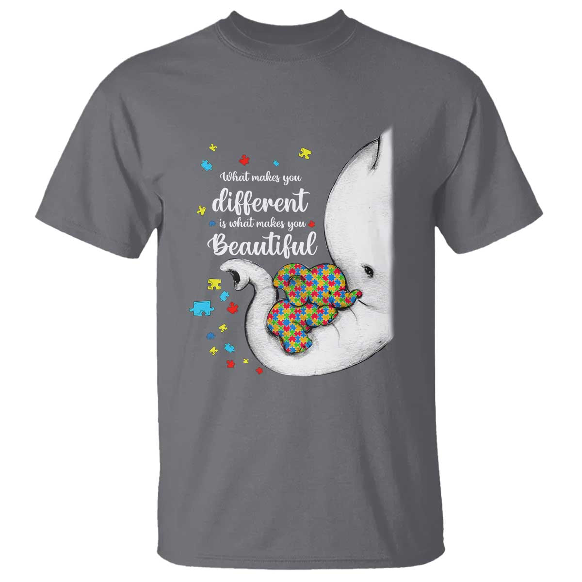 Elephant Autism T Shirt What Makes You Different Is What Makes You Beautiful Puzzle Pieces TS01 Charcoal Printyourwear