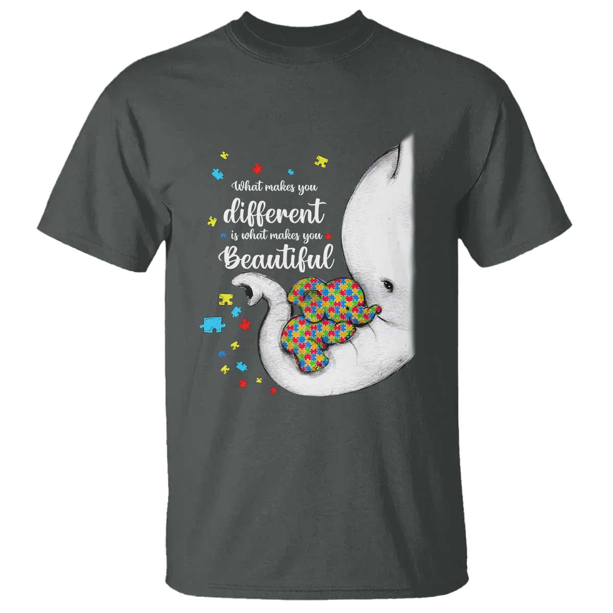 Elephant Autism T Shirt What Makes You Different Is What Makes You Beautiful Puzzle Pieces TS01 Dark Heather Printyourwear